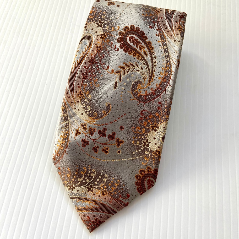 Roberto Villini Couture Gray Brown Tan Paisley SevenFold Mens Silk Tie‎